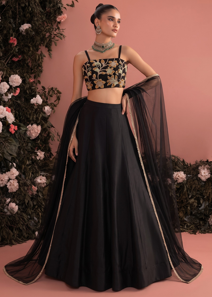 Buy Now Black Roman Silk &amp; Net Party Wear Lehenga Dress Online in US, UK, Canada, France, Italy, Germany, Sweden, UAE, Switzerland &amp; Worldwide at Empress.