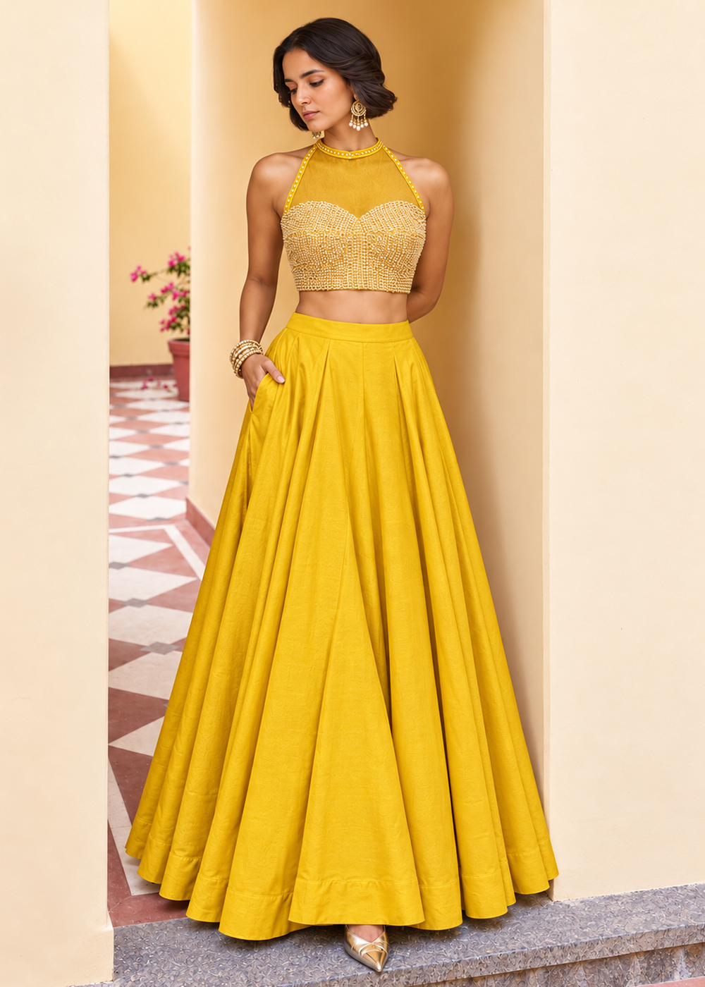 Buy Now Yellow Designer Style Embroidered Party Lehenga Choli Online in US, UK, Canada, France, Italy, Germany, Sweden, Australia, UAE & Worldwide at Empress.