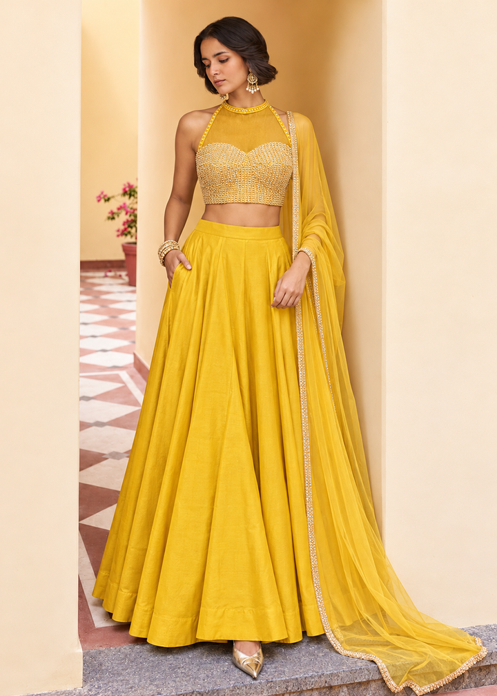 Buy Now Yellow Designer Style Embroidered Party Lehenga Choli Online in US, UK, Canada, France, Italy, Germany, Sweden, Australia, UAE &amp; Worldwide at Empress.