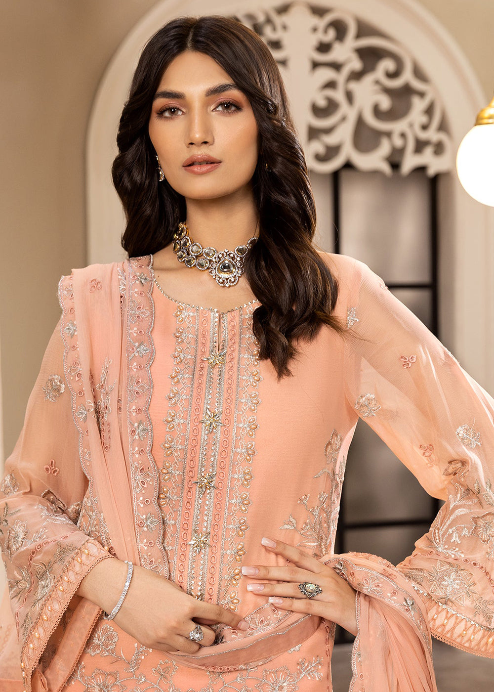 Buy Now Peach Formal Suit - Alizeh - Dhaagay Formals '23 - V02D03 - Aansha Online in USA, UK, Canada & Worldwide at Empress Clothing. 