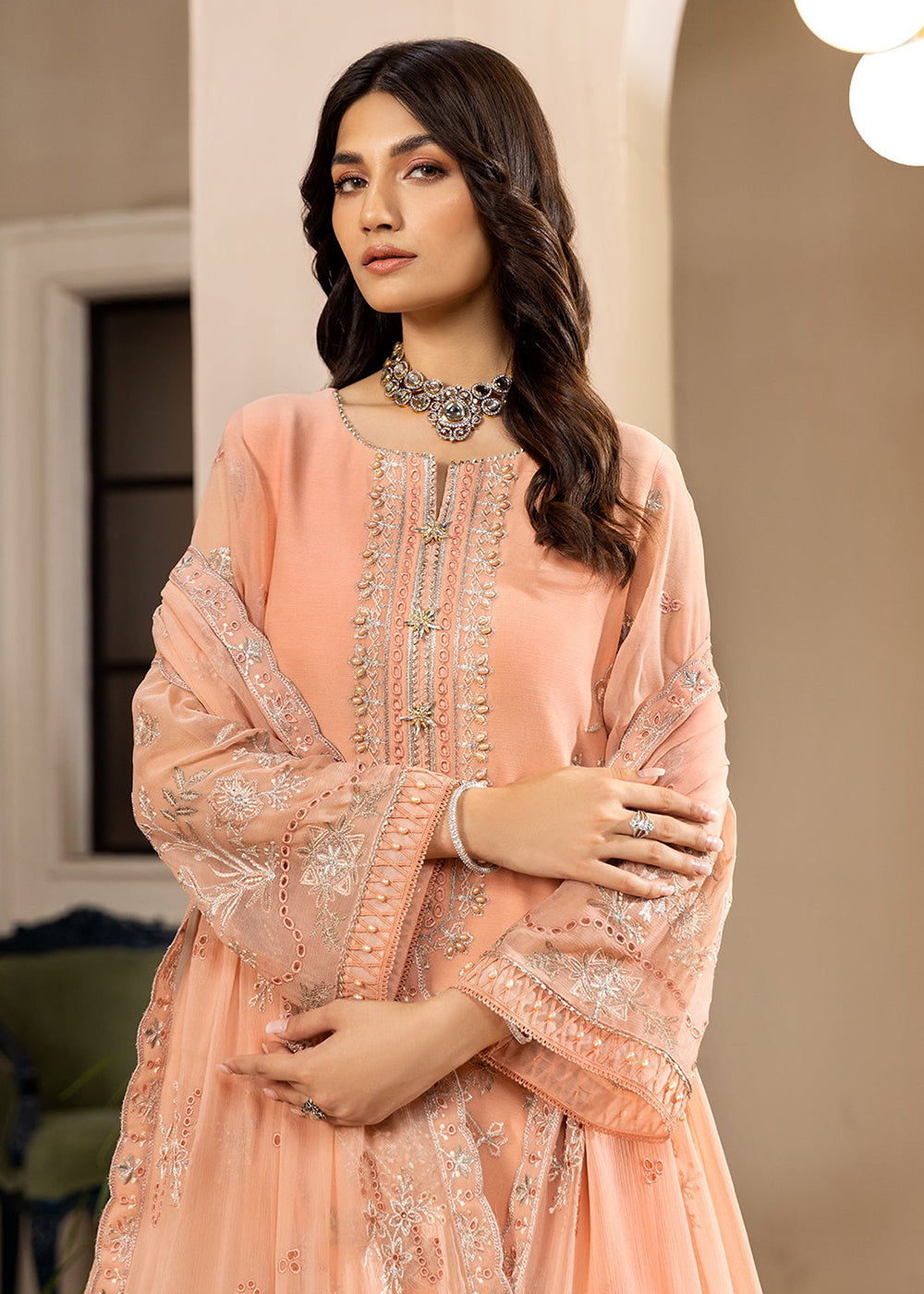 Buy Now Peach Formal Suit - Alizeh - Dhaagay Formals '23 - V02D03 - Aansha Online in USA, UK, Canada & Worldwide at Empress Clothing. 
