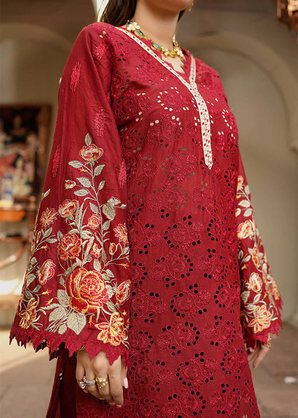 Red Lawn Dress - Bahaar Luxury Lawn '23 by Mariyam's - Leelah B-1012 Red Lawn Dress - Bahaar Luxury Lawn '23 by Mariyam's - Leelah B-1012