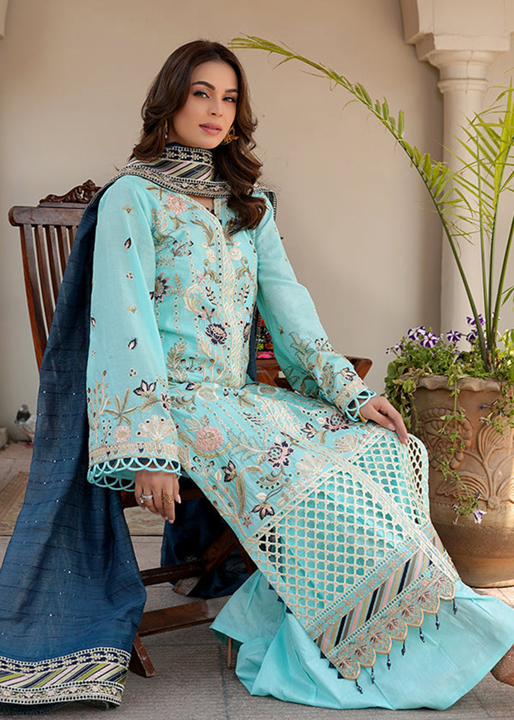 Sky Blue Lawn Dress - Bahaar Luxury Lawn '23 by Mariyam's - Caella B-1013 Sky Blue Lawn Dress - Bahaar Luxury Lawn '23 by Mariyam's - Caella B-1013