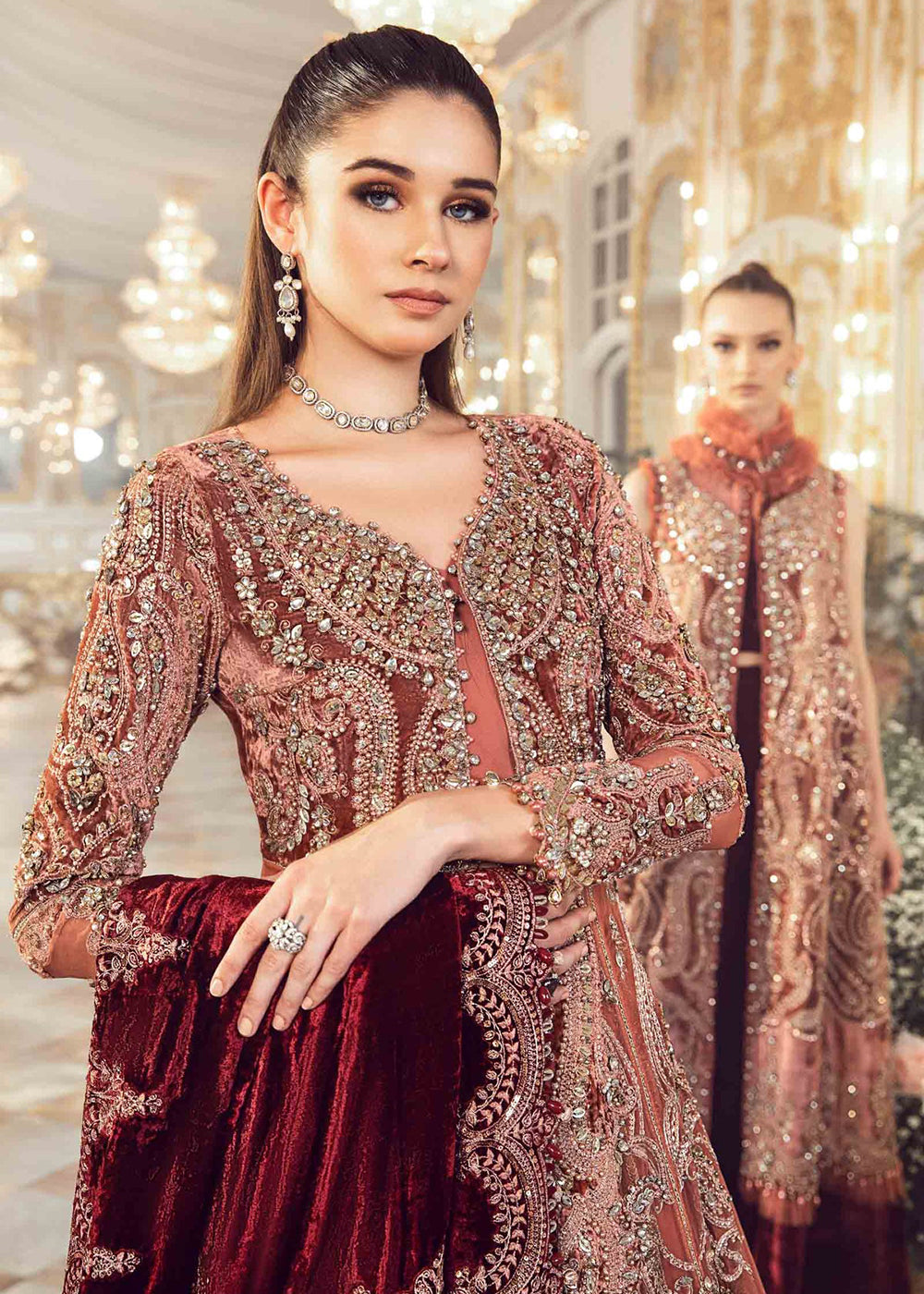 Buy Now Mbroidered Wedding 2023 by Maria B | Salmon Pink BD-2701 Online in USA, UK, Canada & Worldwide at Empress Clothing. 