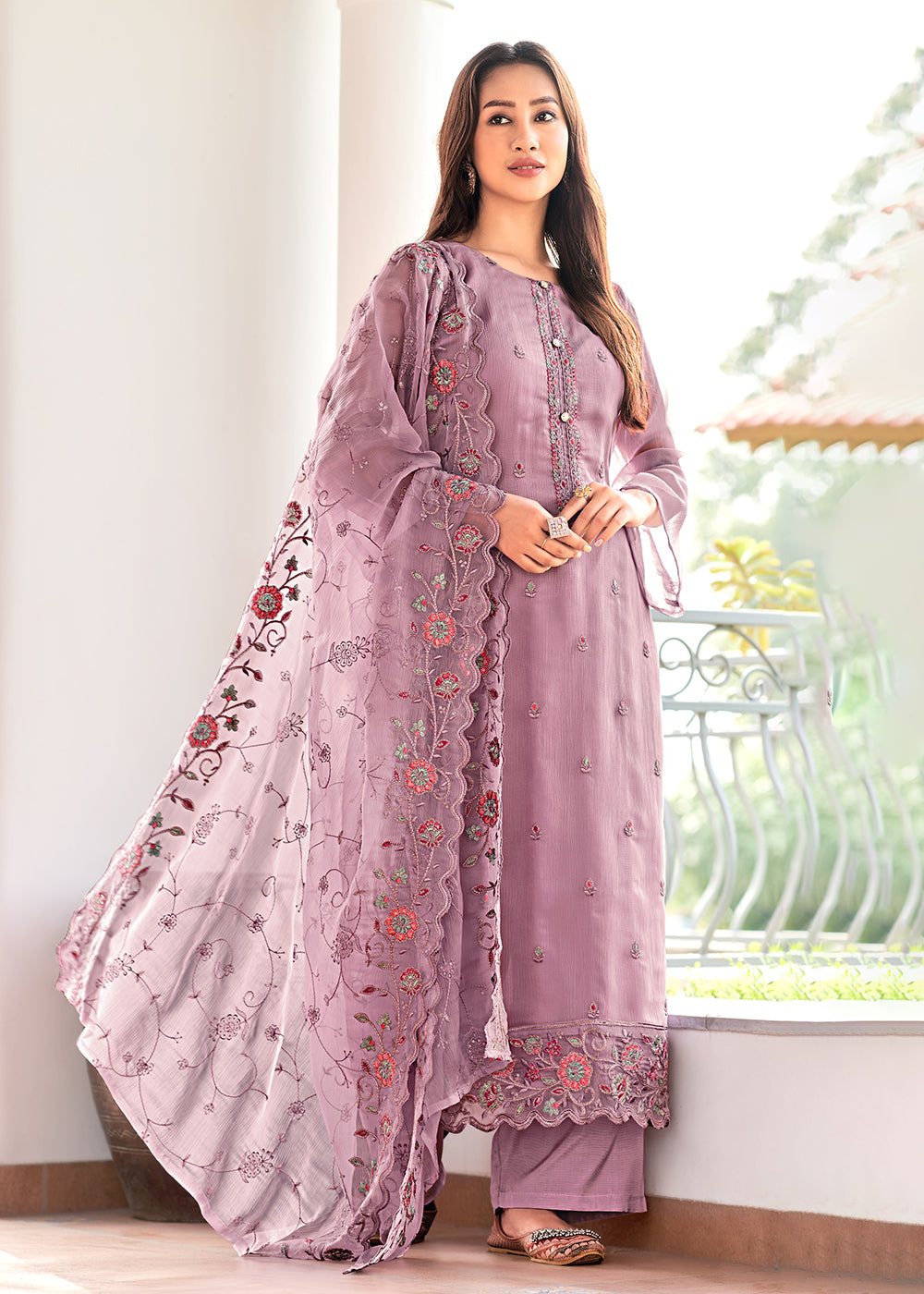 Buy Now Lilac Pink Embroidered Organza Chiffon Festive Salwar Suit Online in USA, UK, Canada, Germany, Australia & Worldwide at Empress Clothing.