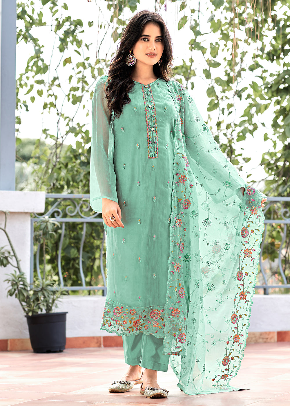 Buy Now Aqua Mint Embroidered Organza Chiffon Festive Salwar Suit Online in USA, UK, Canada, Germany, Australia & Worldwide at Empress Clothing.