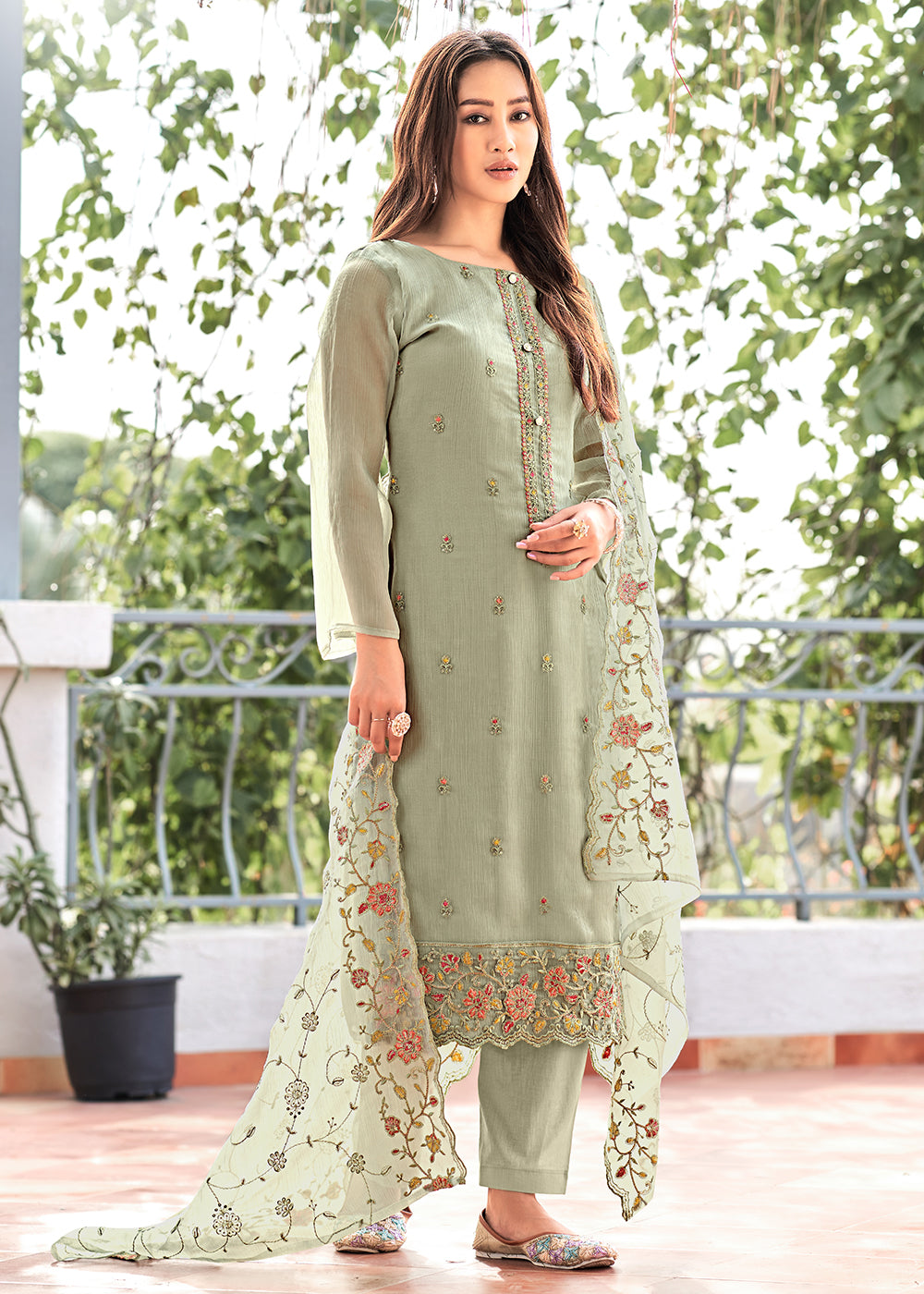 Buy Now Sage Green Embroidered Organza Chiffon Festive Salwar Suit Online in USA, UK, Canada, Germany, Australia & Worldwide at Empress Clothing. 