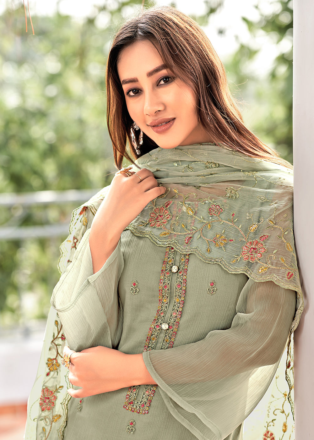 Buy Now Sage Green Embroidered Organza Chiffon Festive Salwar Suit Online in USA, UK, Canada, Germany, Australia & Worldwide at Empress Clothing. 