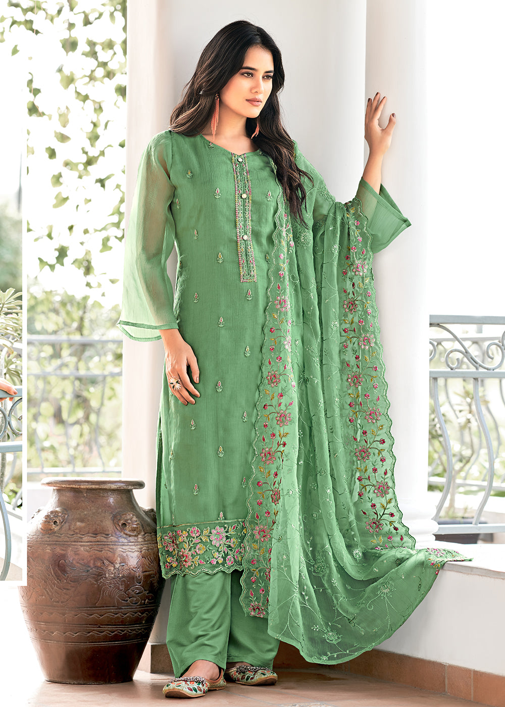 Buy Now Green Embroidered Organza Chiffon Festive Salwar Suit Online in USA, UK, Canada, Germany, Australia & Worldwide at Empress Clothing. 