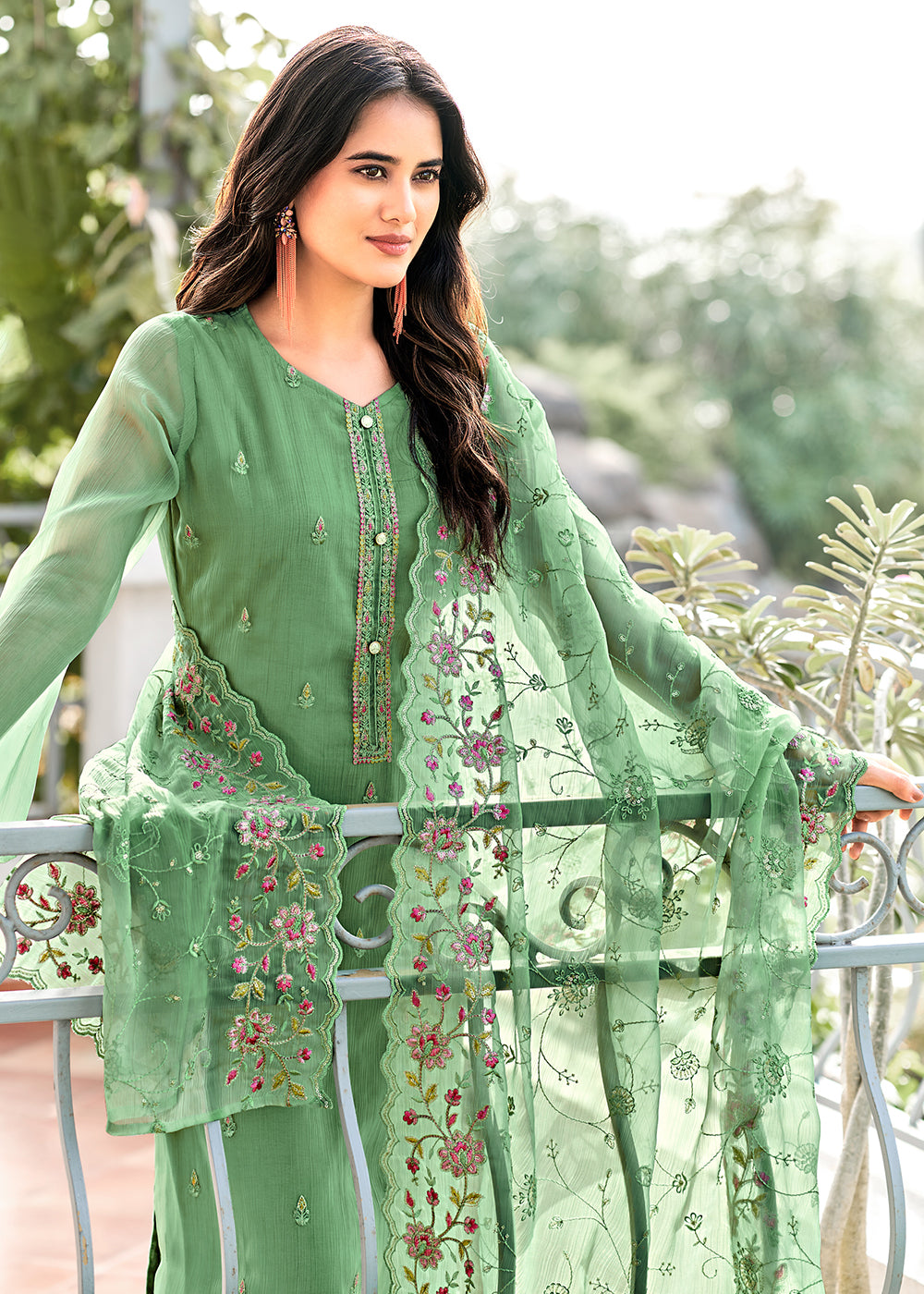 Buy Now Green Embroidered Organza Chiffon Festive Salwar Suit Online in USA, UK, Canada, Germany, Australia & Worldwide at Empress Clothing. 