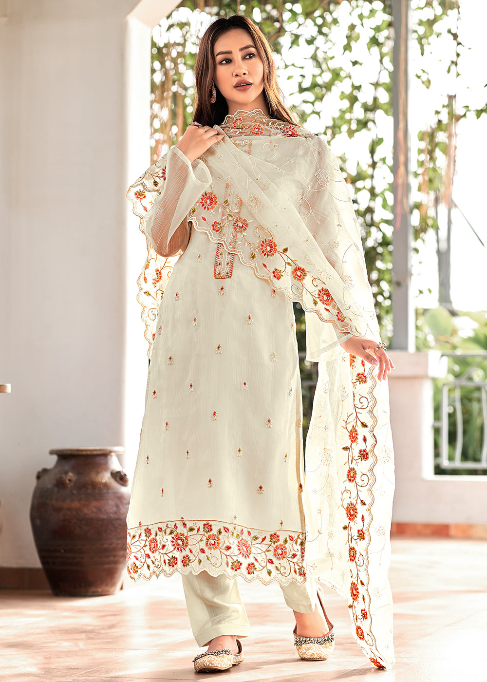 Buy Now Off White Embroidered Organza Chiffon Festive Salwar Suit Online in USA, UK, Canada, Germany, Australia & Worldwide at Empress Clothing.