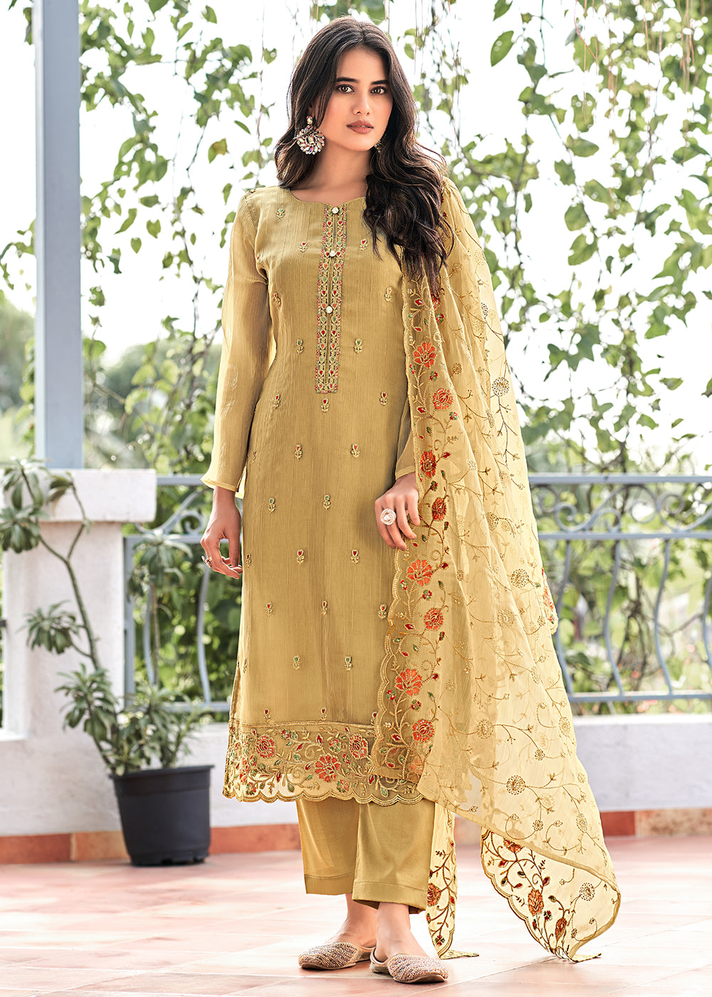 Buy Now Fawn Brown Embroidered Organza Chiffon Festive Salwar Suit Online in USA, UK, Canada, Germany, Australia & Worldwide at Empress Clothing.