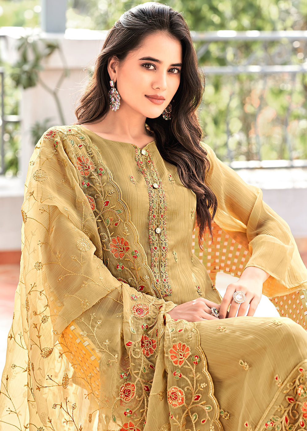 Buy Now Fawn Brown Embroidered Organza Chiffon Festive Salwar Suit Online in USA, UK, Canada, Germany, Australia & Worldwide at Empress Clothing.