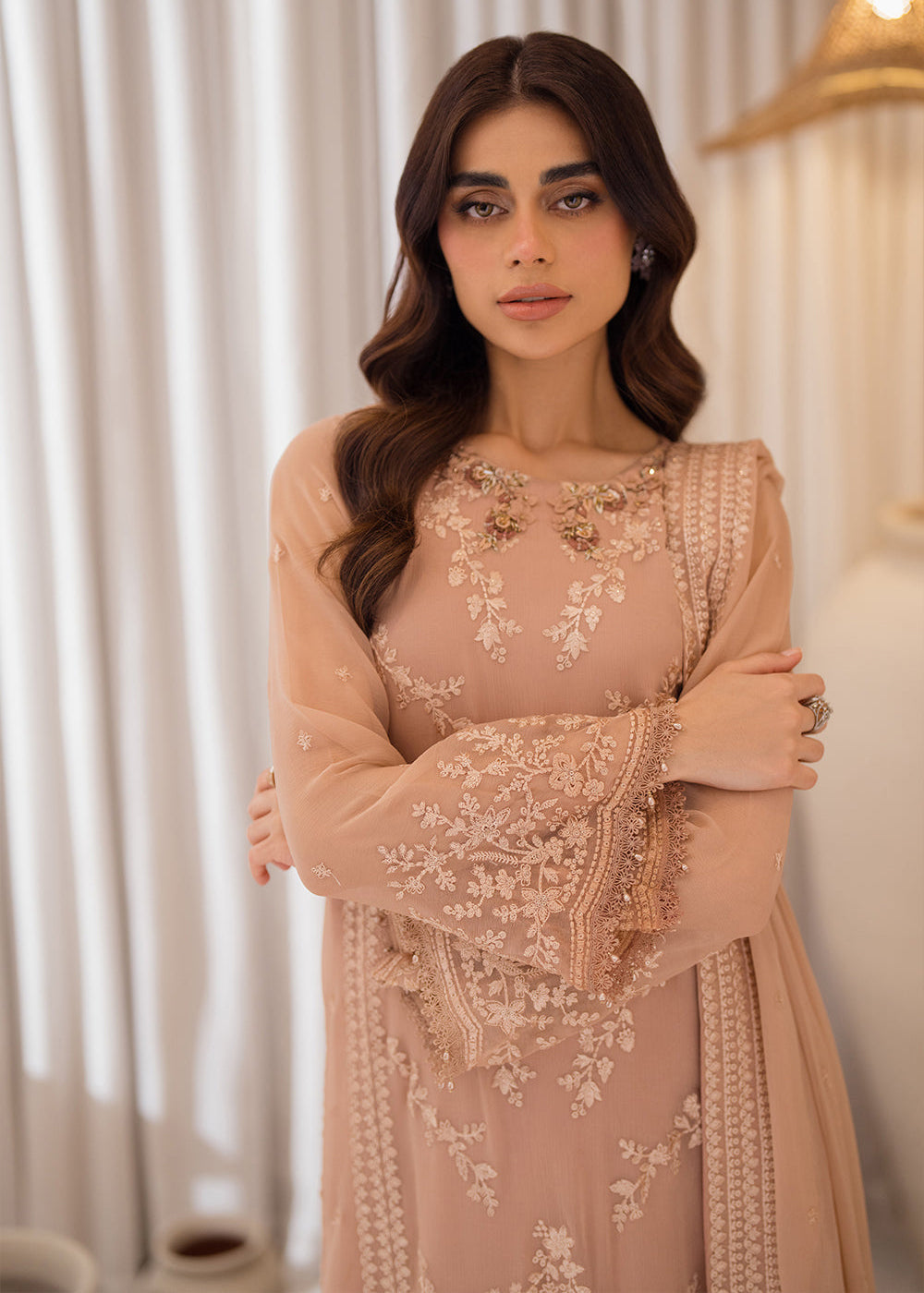 Buy Now 3 Pcs Embroidered Luxury Chiffon Formals '24 by Azure | Beige Bliss Online at Empress Online in USA, UK, Canada & Worldwide at Empress Clothing.