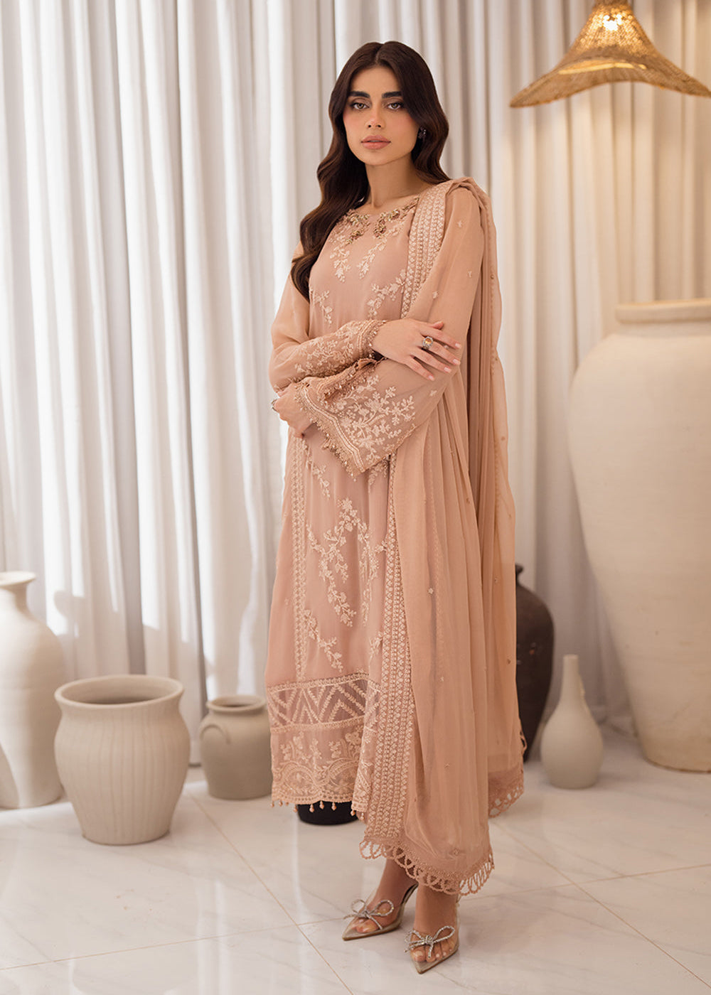 Buy Now 3 Pcs Embroidered Luxury Chiffon Formals '24 by Azure | Beige Bliss Online at Empress Online in USA, UK, Canada & Worldwide at Empress Clothing.