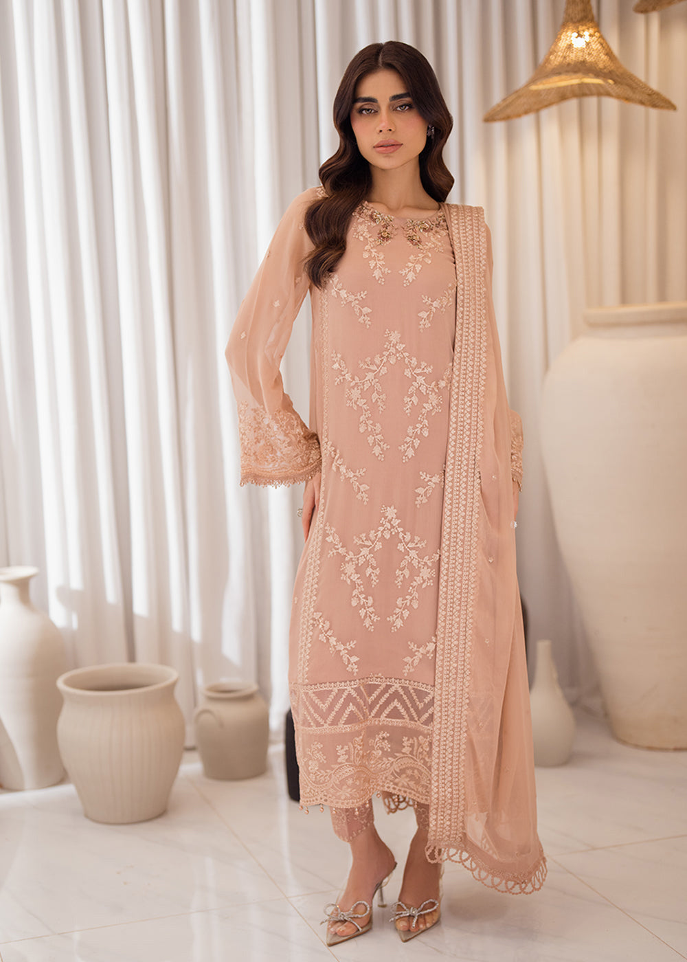 Buy Now 3 Pcs Embroidered Luxury Chiffon Formals '24 by Azure | Beige Bliss Online at Empress Online in USA, UK, Canada & Worldwide at Empress Clothing.