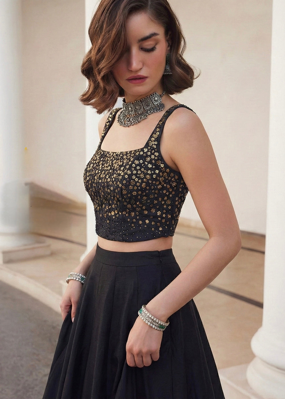 Buy Now Black Crop Top Style Silk Party Wear Lehenga Set Online in USA, UK, France, Swiss, Netherlands, Germany, Italy, Qatar, Sweden & Worldwide at Empress.