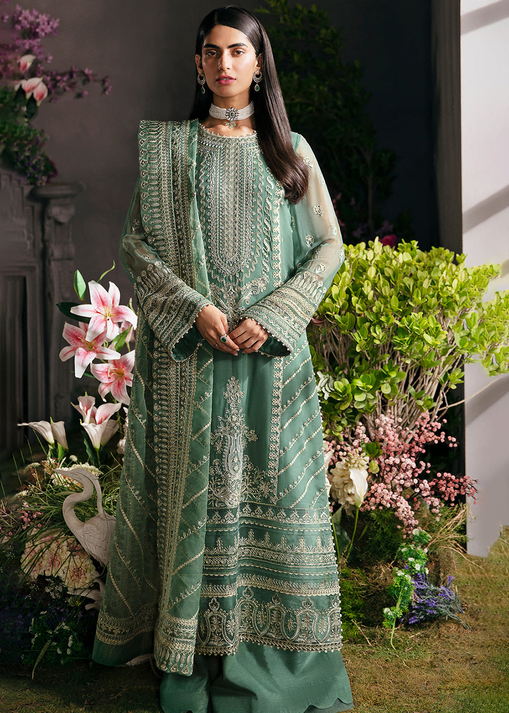 Buy Now Green Pakistani Palazzo Suit - Afrozeh La Fuchsia Formals '23 - Sea Mist Online in USA, UK, Canada & Worldwide at Empress Clothing