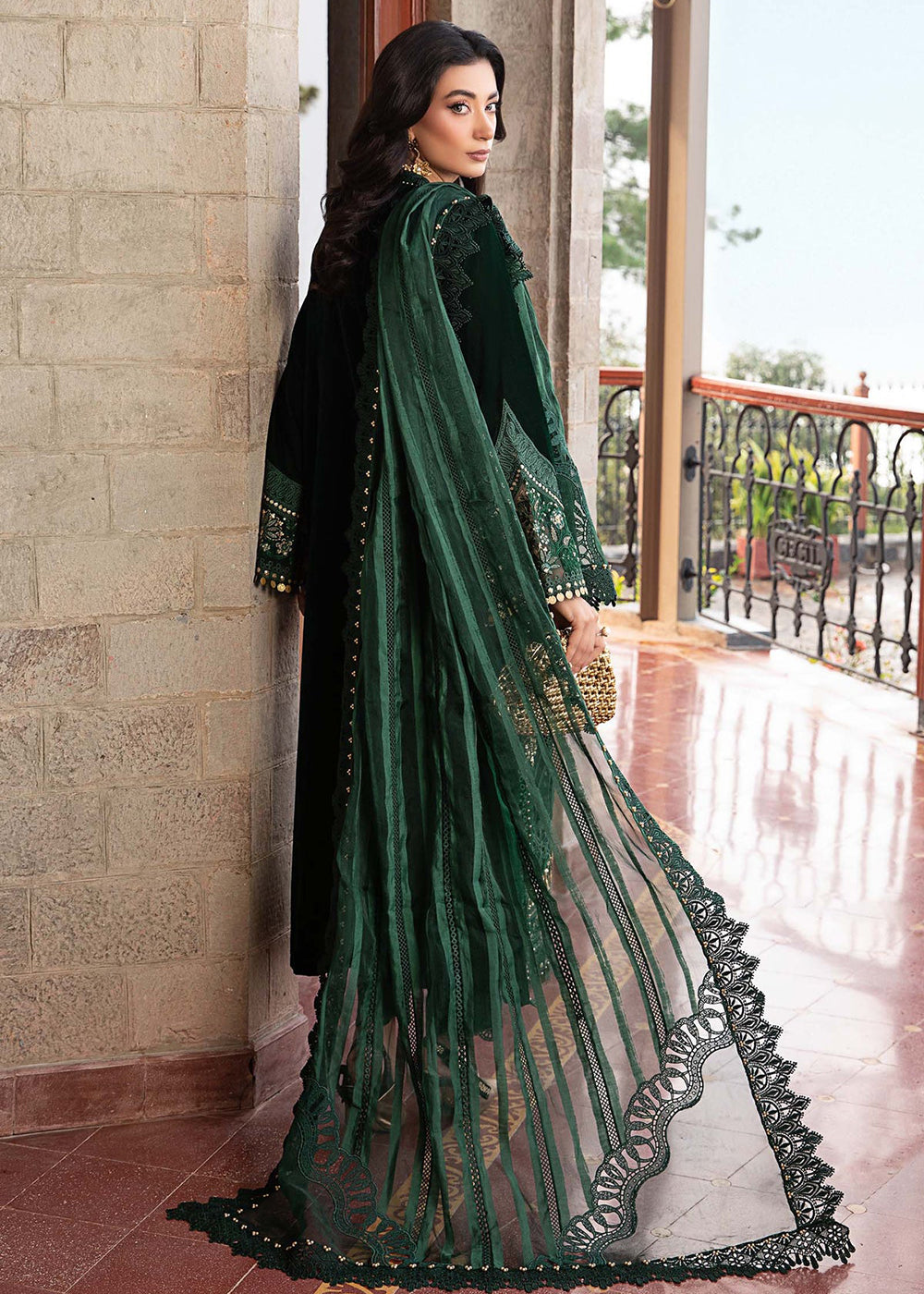 maria b dark green dress Maria b Velvet Green Dress pakistani indian wedding formal party outfits Pakistani Designer Dresses