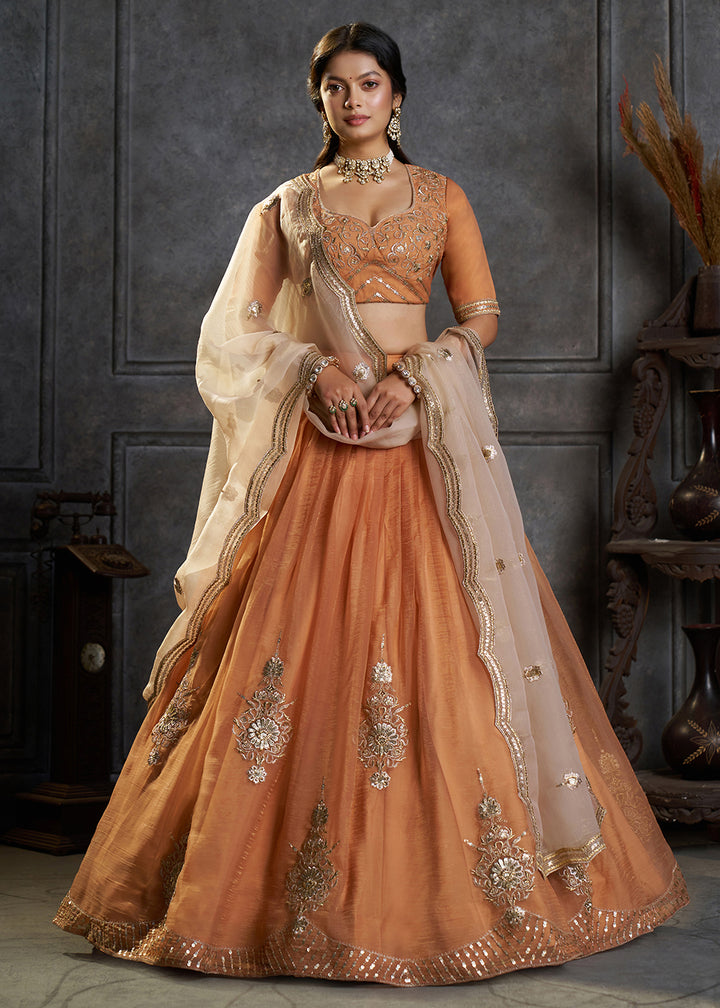 Shop Now Fancy Orange Organza Embroidery Designer Lehenga Choli Online in USA, UK, Canada, France, Germany, Spain, Austria, Sweden, UAE &amp; Worldwide at Empress.