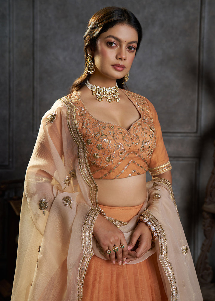 Shop Now Fancy Orange Organza Embroidery Designer Lehenga Choli Online in USA, UK, Canada, France, Germany, Spain, Austria, Sweden, UAE &amp; Worldwide at Empress.