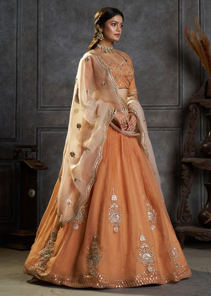 Shop Now Fancy Orange Organza Embroidery Designer Lehenga Choli Online in USA, UK, Canada, France, Germany, Spain, Austria, Sweden, UAE &amp; Worldwide at Empress.