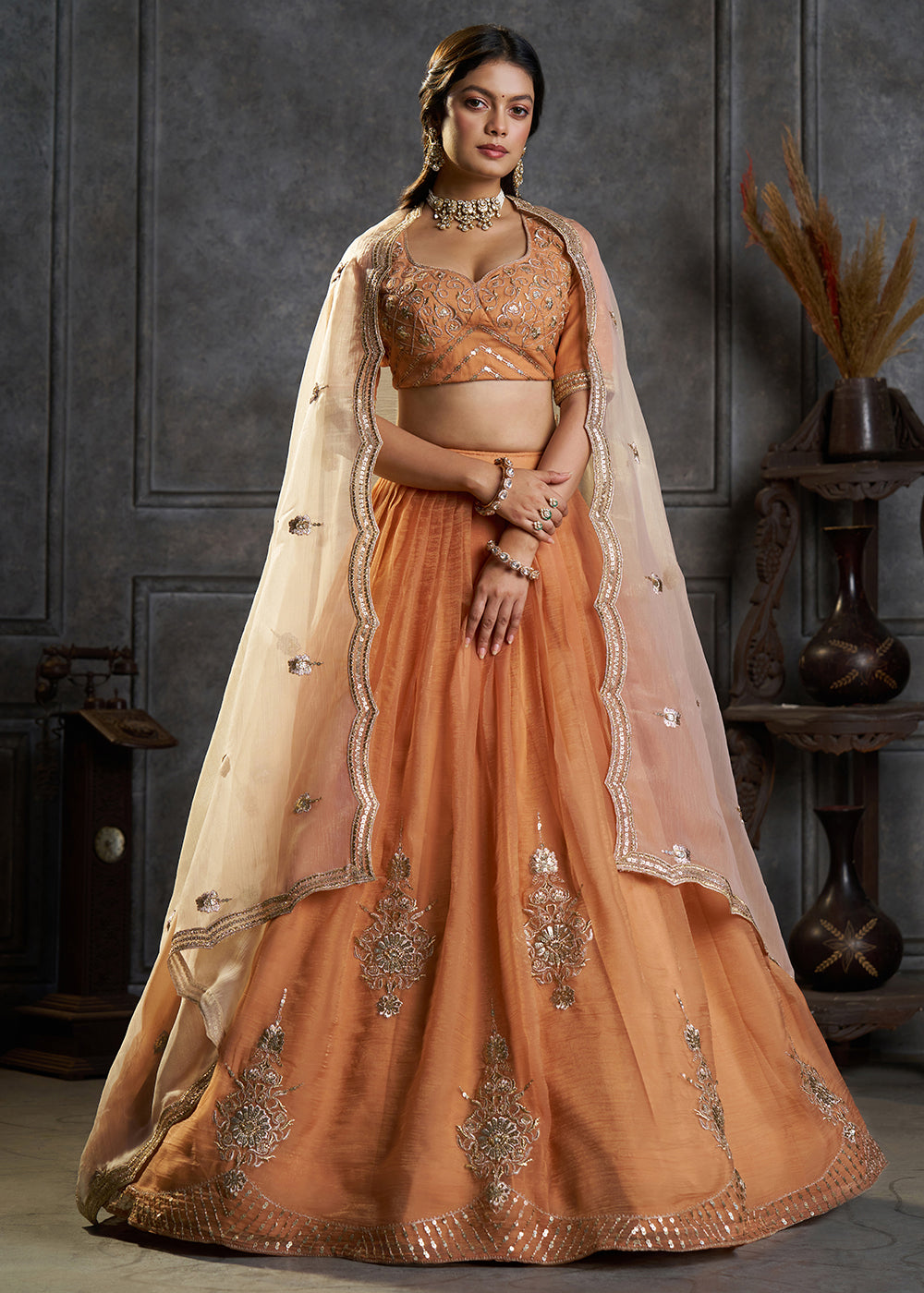 Shop Now Fancy Orange Organza Embroidery Designer Lehenga Choli Online in USA, UK, Canada, France, Germany, Spain, Austria, Sweden, UAE &amp; Worldwide at Empress.