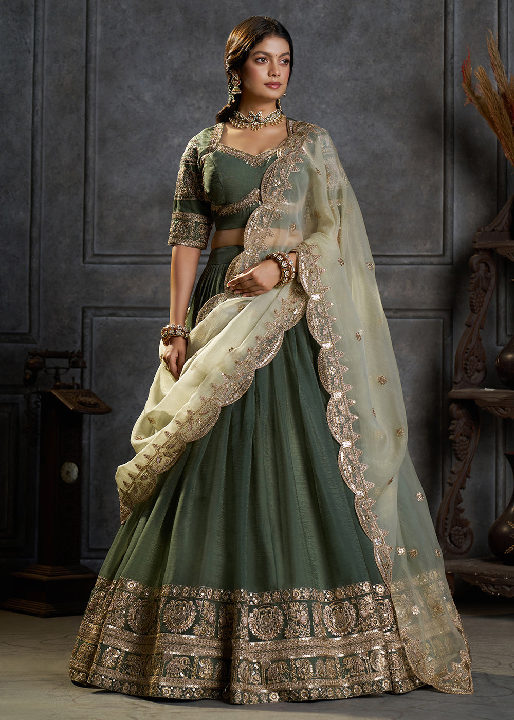 Shop Now Fancy Green Organza Embroidery Designer Lehenga Choli Online in USA, UK, Canada, France, Germany, Spain, Austria, Sweden, UAE & Worldwide at Empress.