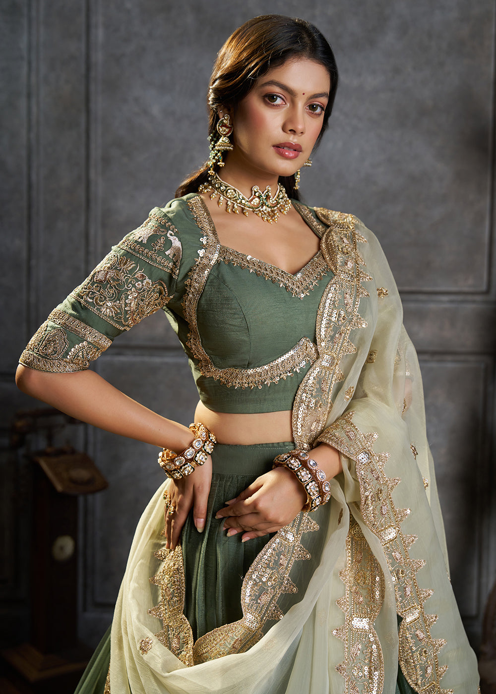 Shop Now Fancy Green Organza Embroidery Designer Lehenga Choli Online in USA, UK, Canada, France, Germany, Spain, Austria, Sweden, UAE & Worldwide at Empress.