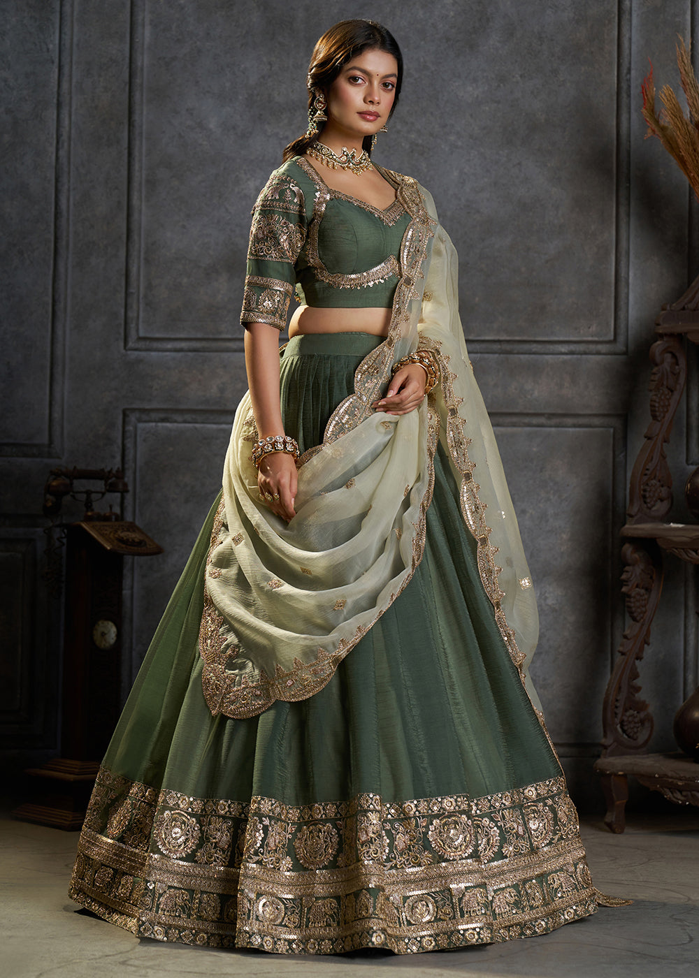 Shop Now Fancy Green Organza Embroidery Designer Lehenga Choli Online in USA, UK, Canada, France, Germany, Spain, Austria, Sweden, UAE &amp; Worldwide at Empress.