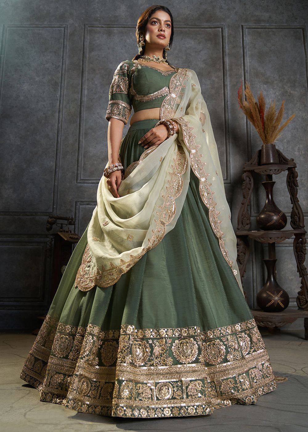 Shop Now Fancy Green Organza Embroidery Designer Lehenga Choli Online in USA, UK, Canada, France, Germany, Spain, Austria, Sweden, UAE &amp; Worldwide at Empress.