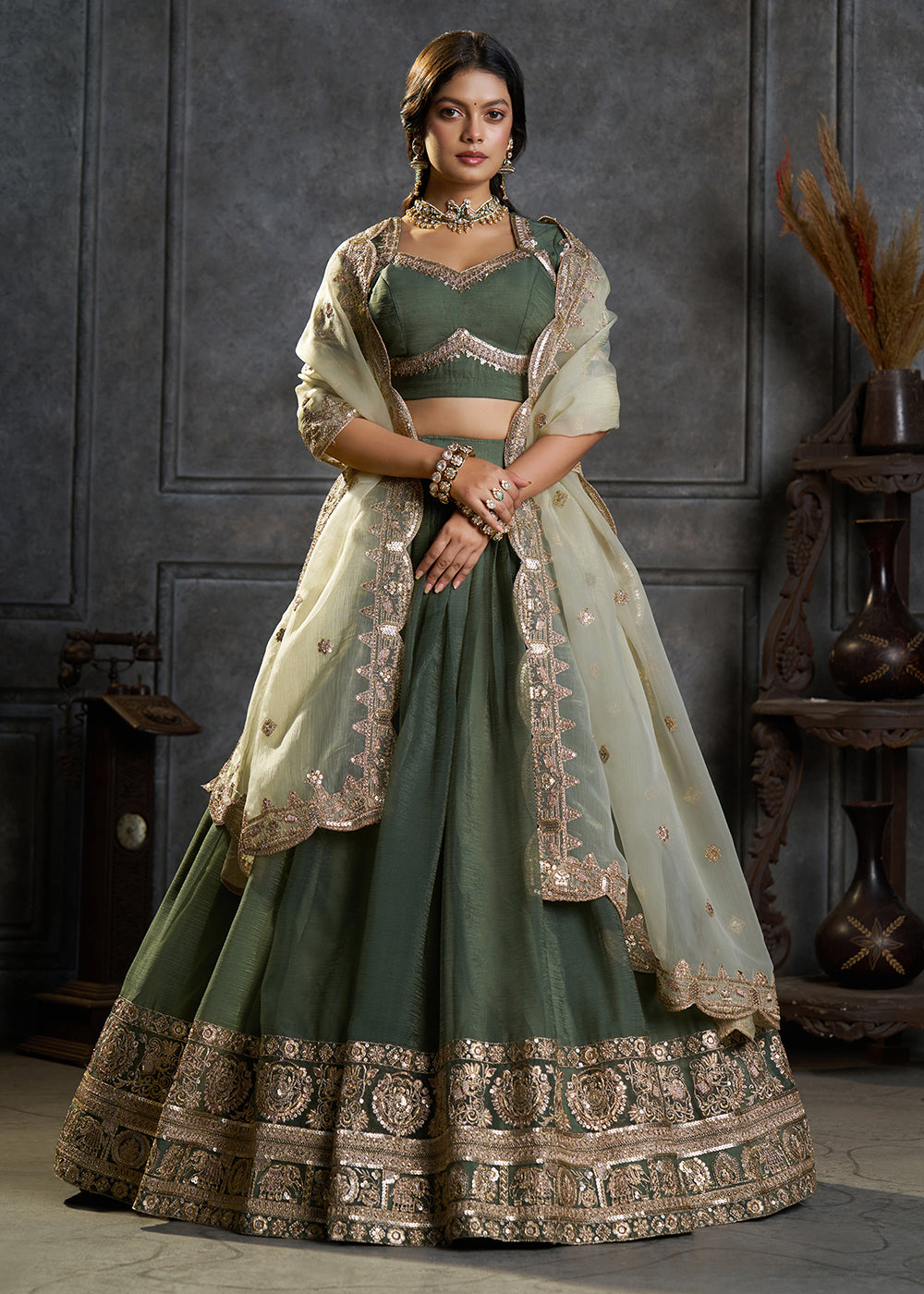 Shop Now Fancy Green Organza Embroidery Designer Lehenga Choli Online in USA, UK, Canada, France, Germany, Spain, Austria, Sweden, UAE &amp; Worldwide at Empress.