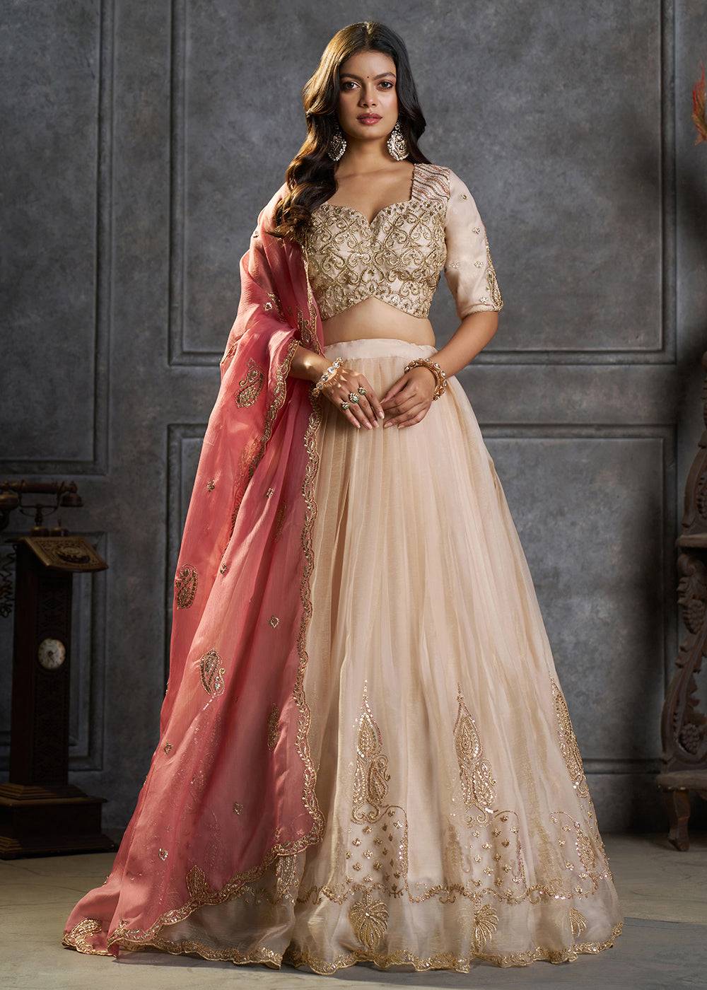 Shop Now Fancy Ivory Organza Embroidery Designer Lehenga Choli Online in USA, UK, Canada, France, Germany, Spain, Austria, Sweden, UAE & Worldwide at Empress.