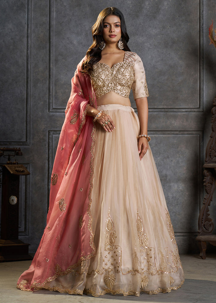 Shop Now Fancy Ivory Organza Embroidery Designer Lehenga Choli Online in USA, UK, Canada, France, Germany, Spain, Austria, Sweden, UAE &amp; Worldwide at Empress.