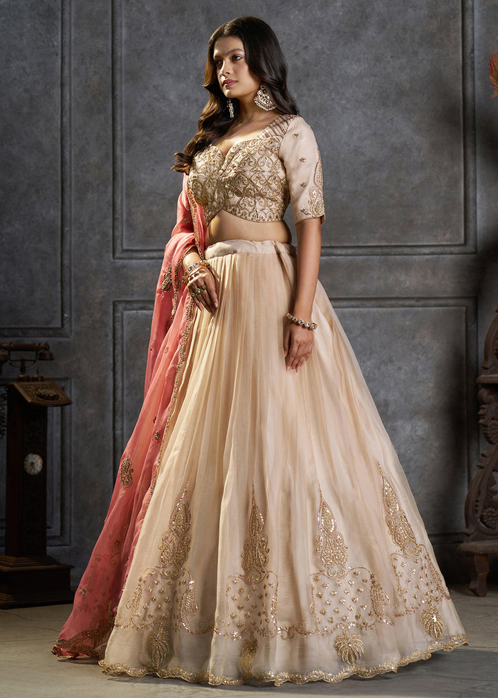 Shop Now Fancy Ivory Organza Embroidery Designer Lehenga Choli Online in USA, UK, Canada, France, Germany, Spain, Austria, Sweden, UAE &amp; Worldwide at Empress.