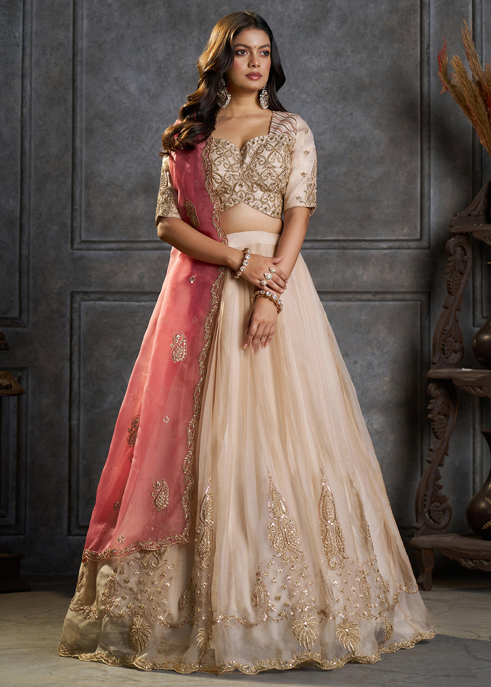 Shop Now Fancy Ivory Organza Embroidery Designer Lehenga Choli Online in USA, UK, Canada, France, Germany, Spain, Austria, Sweden, UAE &amp; Worldwide at Empress.