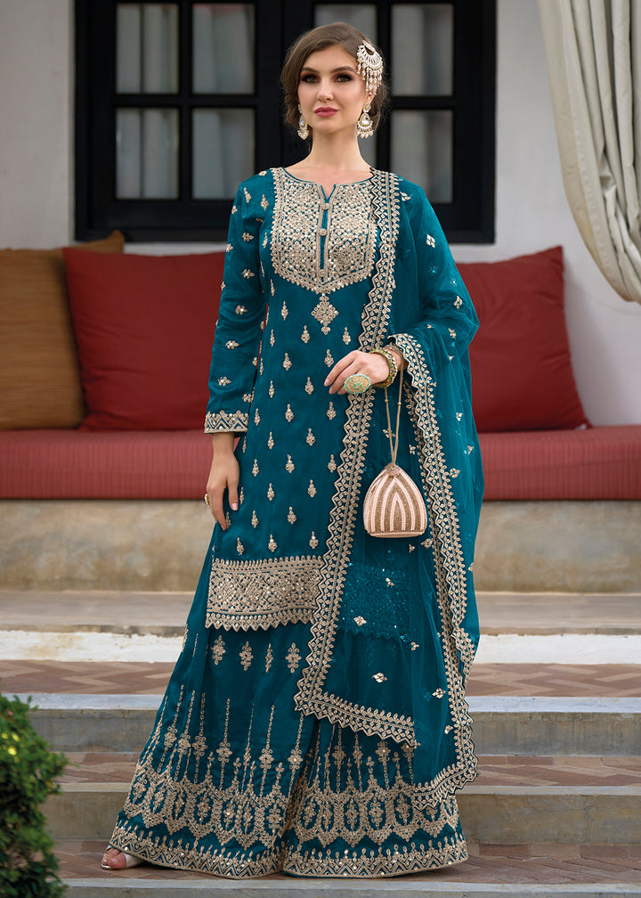 Shop Now Festive Amazing Teal Green Heavy Silk Sharara Suit Online at Empress Clothing in USA, UK, Canada, Italy & Worldwide. 