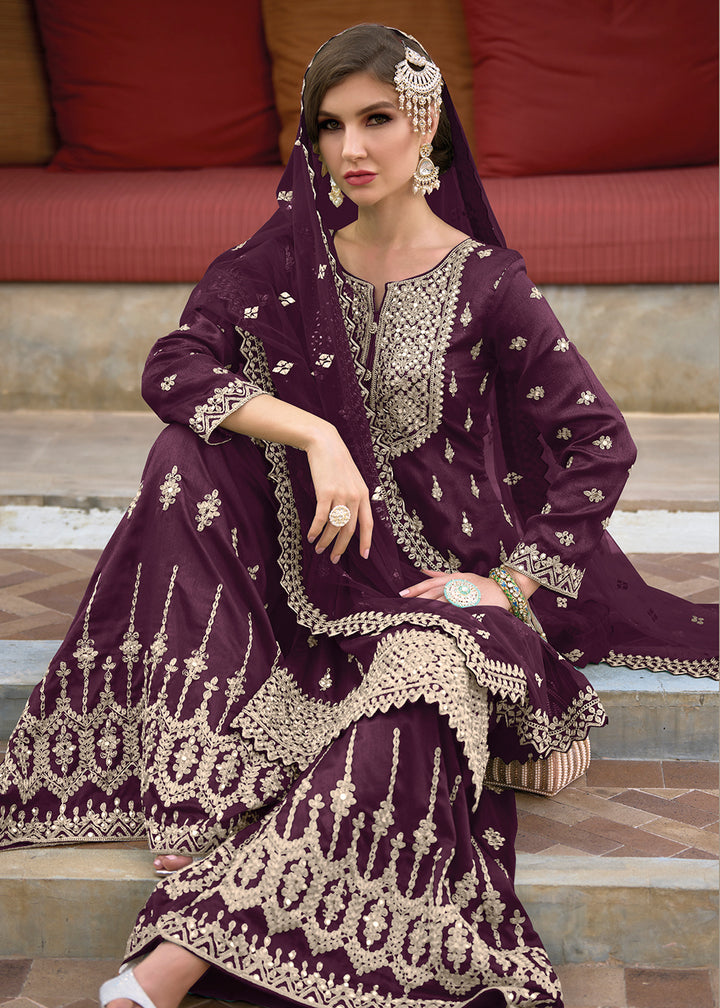 Festive Amazing Deep Wine Heavy Silk Sharara Suit