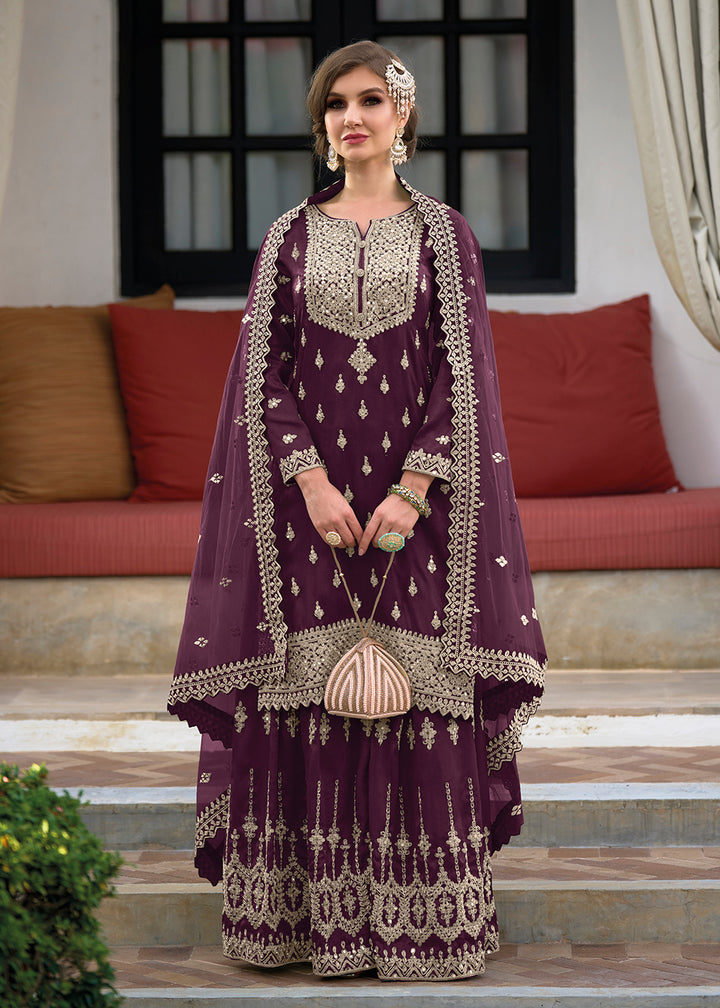 Festive Amazing Deep Wine Heavy Silk Sharara Suit