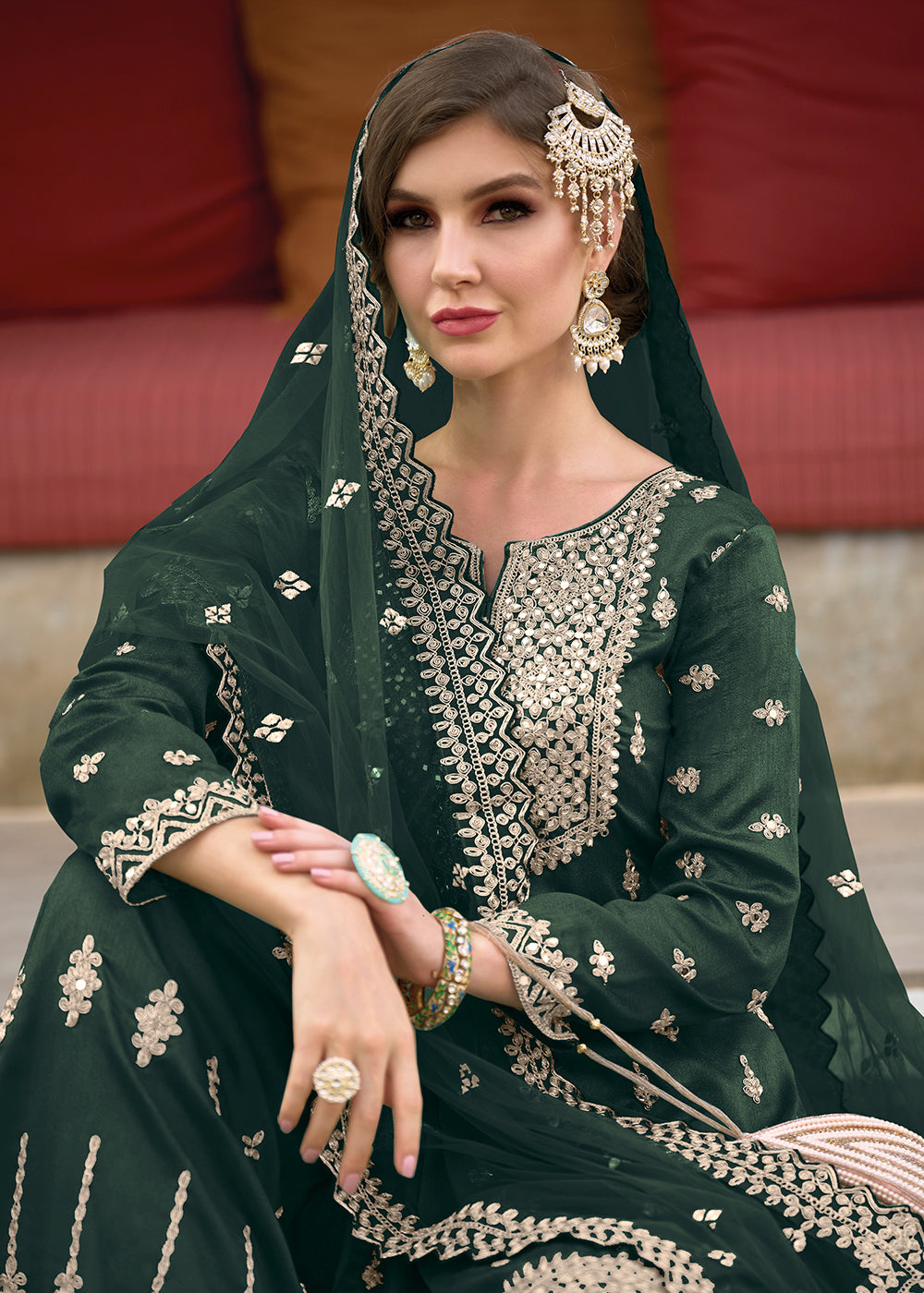 Buy Heavy Silk Sharara Suit - Festive Amazing Dark Green Sharara Suit Empress Clothing Buy Heavy Silk Sharara Suit - Festive Amazing Dark Green Sharara Suit Empress Clothing