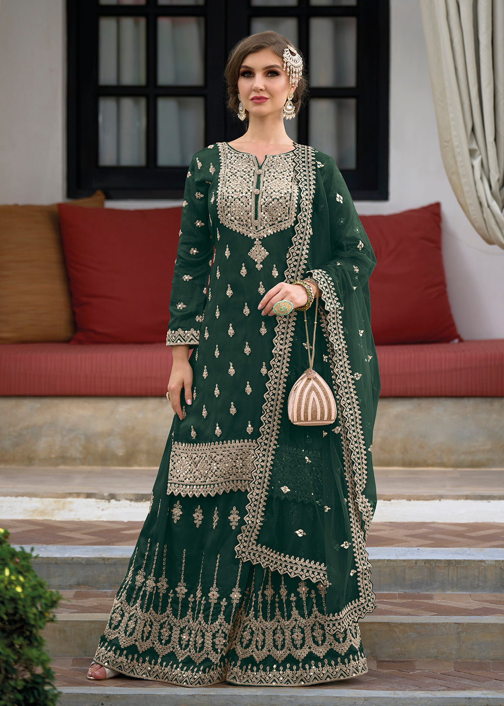 Shop Now Festive Amazing Dark Green Heavy Silk Sharara Suit Online at Empress Clothing in USA, UK, Canada, Italy & Worldwide. 