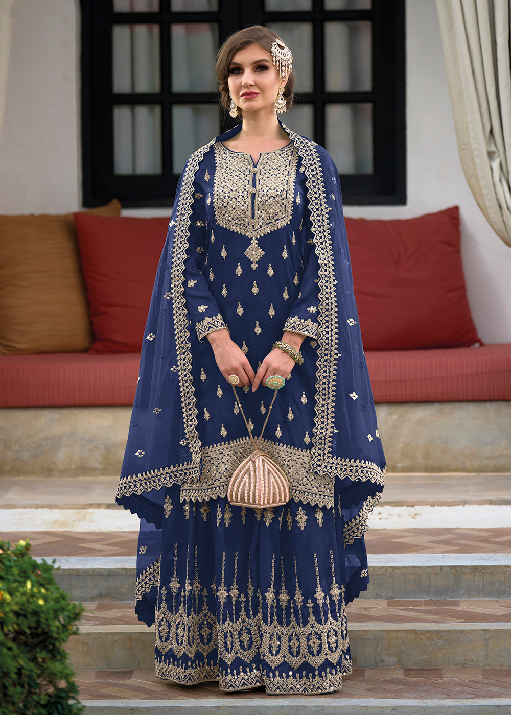 Shop Now Festive Amazing Navy Blue Heavy Silk Sharara Suit Online at Empress Clothing in USA, UK, Canada, Italy & Worldwide.