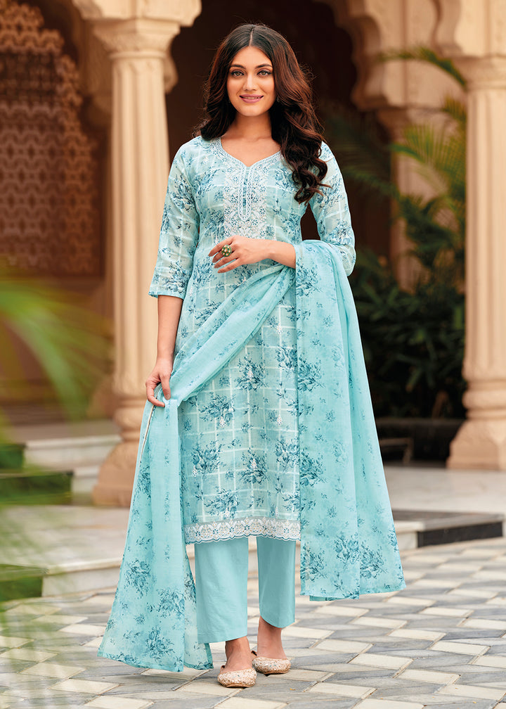 Buy Now Elegant Blue Lilen Embroidered Trendy Casual Salwar Suit Online in USA, UK, Canada, Germany, Australia & Worldwide at Empress Clothing. 