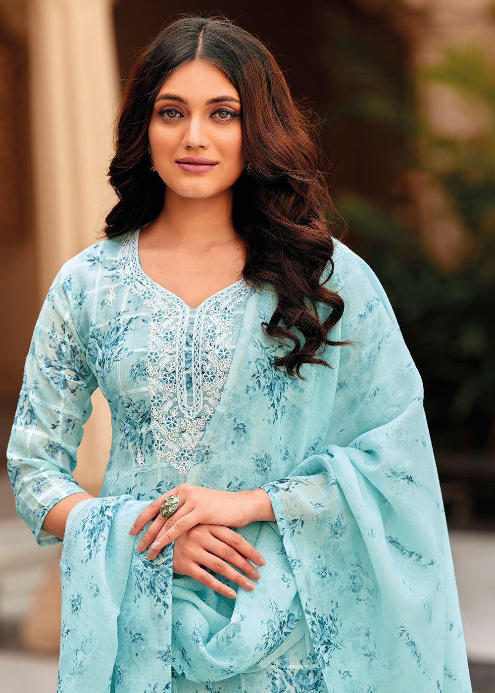 Buy Now Elegant Blue Lilen Embroidered Trendy Casual Salwar Suit Online in USA, UK, Canada, Germany, Australia & Worldwide at Empress Clothing. 