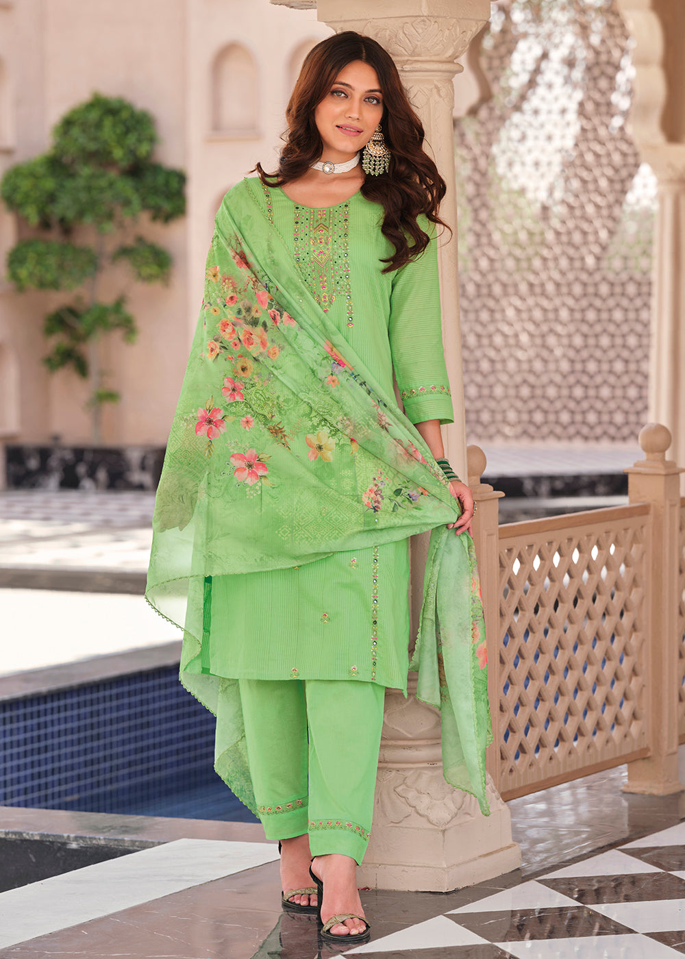 Buy Now Superior Green Cotton Khatli Hand Work Casual Salwar Suit Online in USA, UK, Canada, Germany, Australia & Worldwide at Empress Clothing.
