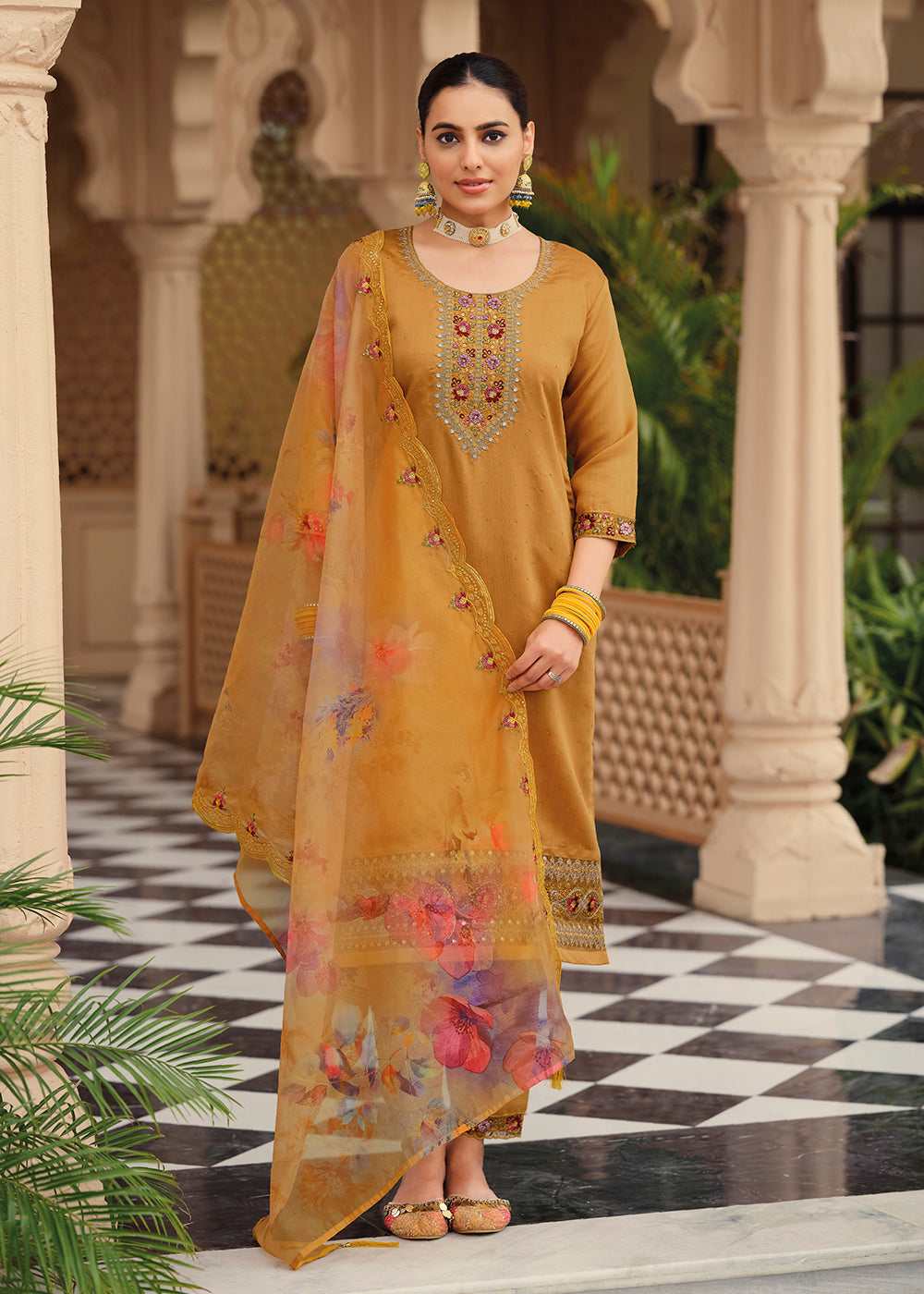 Buy Now Mustard Color Embroidered Silk Pant Style Salwar Suit Online in USA, UK, Canada, Germany, Australia & Worldwide at Empress Clothing. 
