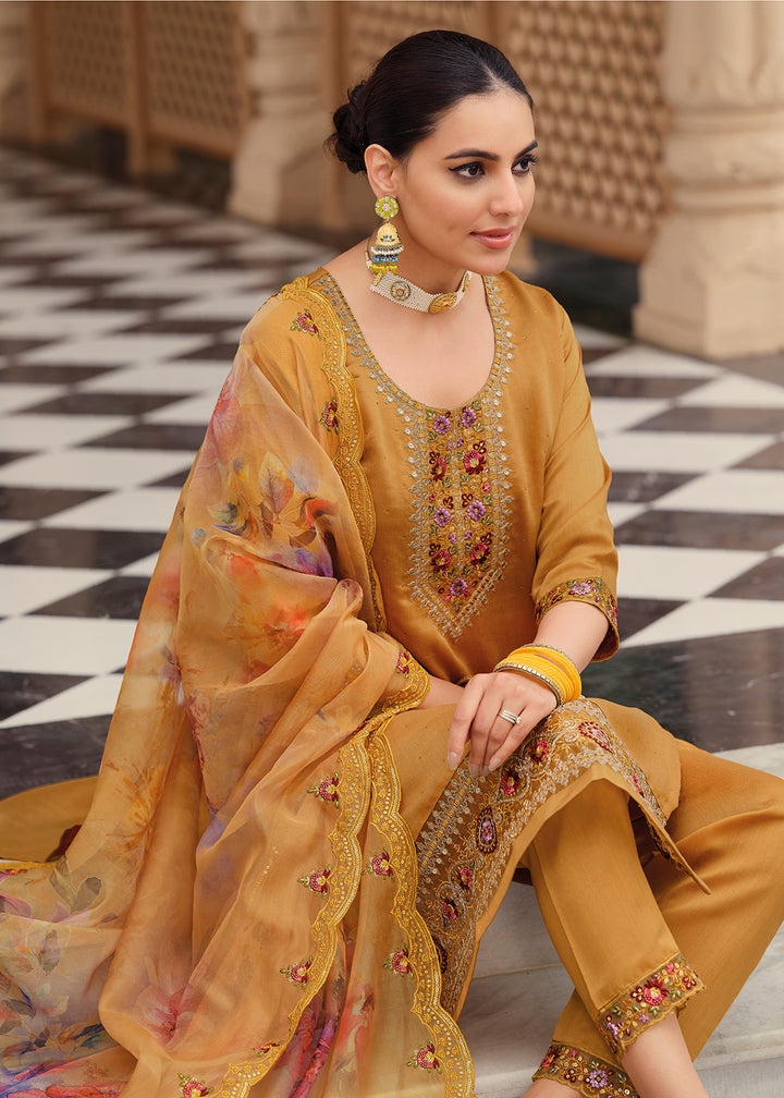 Buy Now Mustard Color Embroidered Silk Pant Style Salwar Suit Online in USA, UK, Canada, Germany, Australia & Worldwide at Empress Clothing. 