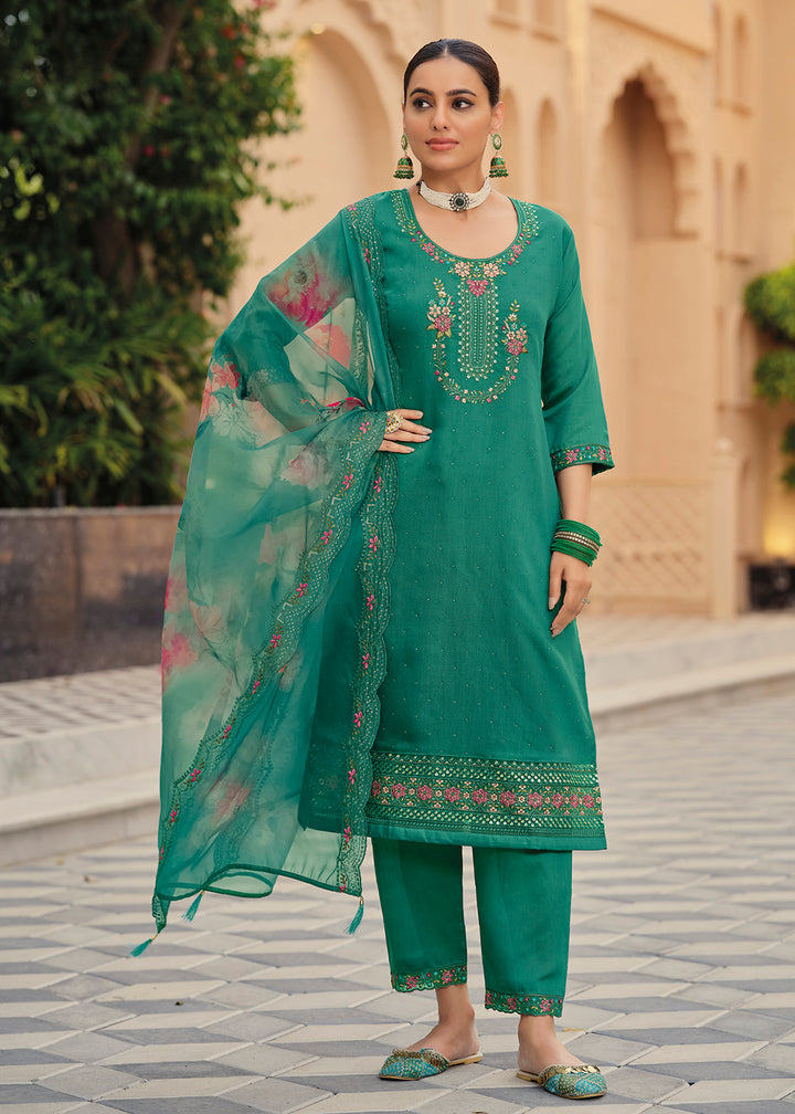Buy Now Rama Color Embroidered Silk Pant Style Salwar Suit Online in USA, UK, Canada, Germany, Australia & Worldwide at Empress Clothing. 