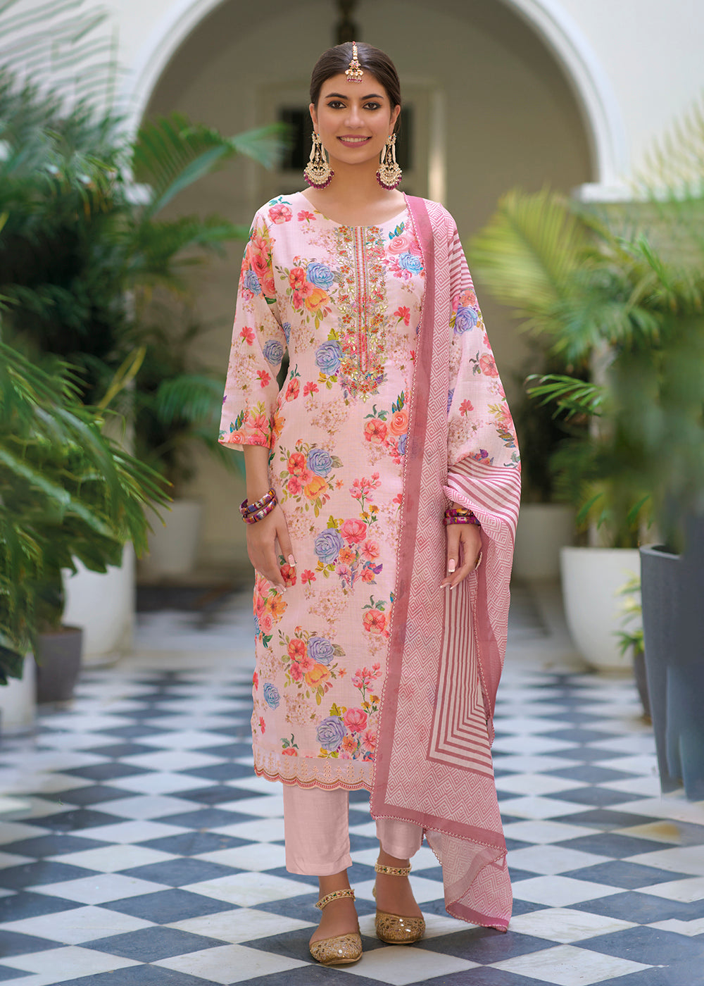 Buy Now Gota Patti Embroidered Pink Lilen Ethnic Salwar Suit Online in USA, UK, Canada, Germany, Australia & Worldwide at Empress Clothing.