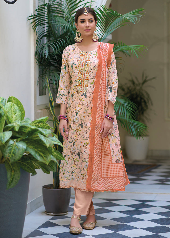 Buy Now Gota Patti Embroidered Peach Lilen Ethnic Salwar Suit Online in USA, UK, Canada, Germany, Australia & Worldwide at Empress Clothing.